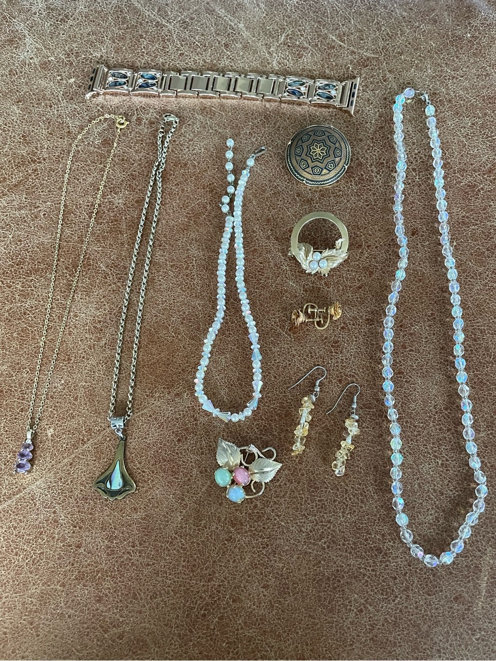 Vintage jewelry lot Aurora Borealis, Abalone, brooches, necklaces etc